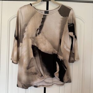 Clara Sun Woo Neutral Tan & Black Watercolor Abstract Twist Knot Front Blouse